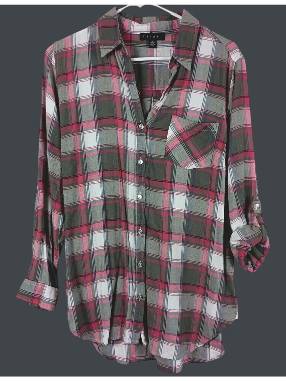 Tribal Plaid Flannel Shirt Roll Tab Womens M Pink Gray Casual Layer Soft Girl